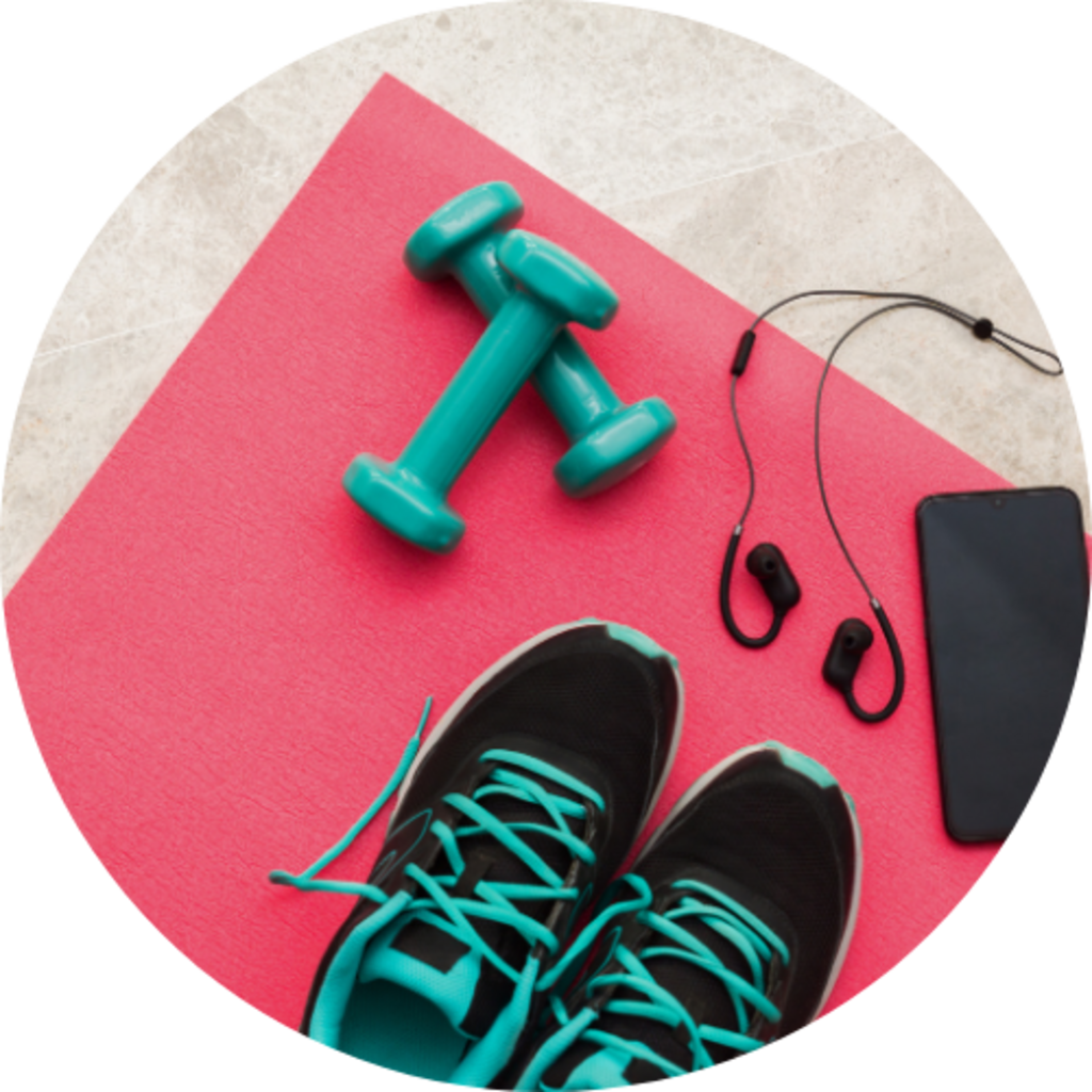 Exercise equipment arranged on a mat for Dr. Tro's video about matching exercise to metabolic and mental-health goals